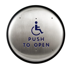 Norton 506 Stainless Steel Push Plate Door Switch, 6" Round, "PUSH TO OPEN" & Handicapped Logo, Blue Letters