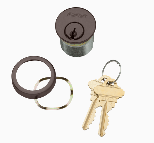 Schlage 30-001 1-1/8" Mortise Cylinder, 6-pin, C Keyway, Keyed Different, Schlage L Cam, Compression Ring & Spring, 2 Keys